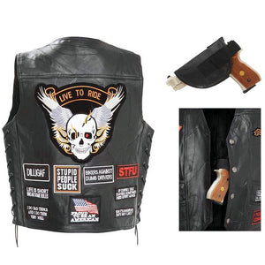 Biker Vest Concealed Carry Buffalo Leather Motorcycle CCW Skull Wings w/ 16 Patches-Cyberteez