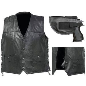 Biker Vest Concealed Carry Lace-Up Buffalo Leather Motorcycle CCW w/ Gun Holster-Cyberteez