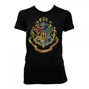 Harry Potter Hogwarts Crest Logo Women's Black T-Shirt-Cyberteez