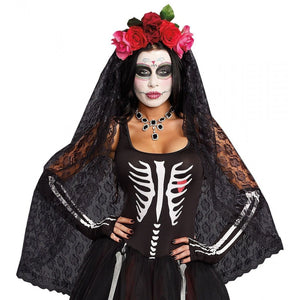 Day Of The Dead Floral Headband & Lace Veil Dia de Los Muertos Costume Accessory-Cyberteez