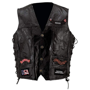 Biker Vest Lace-Up Buffalo Leather Motorcycle USA Flag Eagle w/ 14 Patches-Cyberteez
