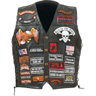 Biker Vest Lace-Up Buffalo Leather Motorcycle USA Flag Eagle w/ 42 Patches