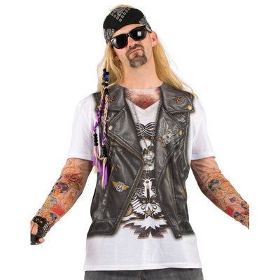 Biker Tattoo Vest Rocker Dude Men's Allover Longsleeve Costume T-Shirt