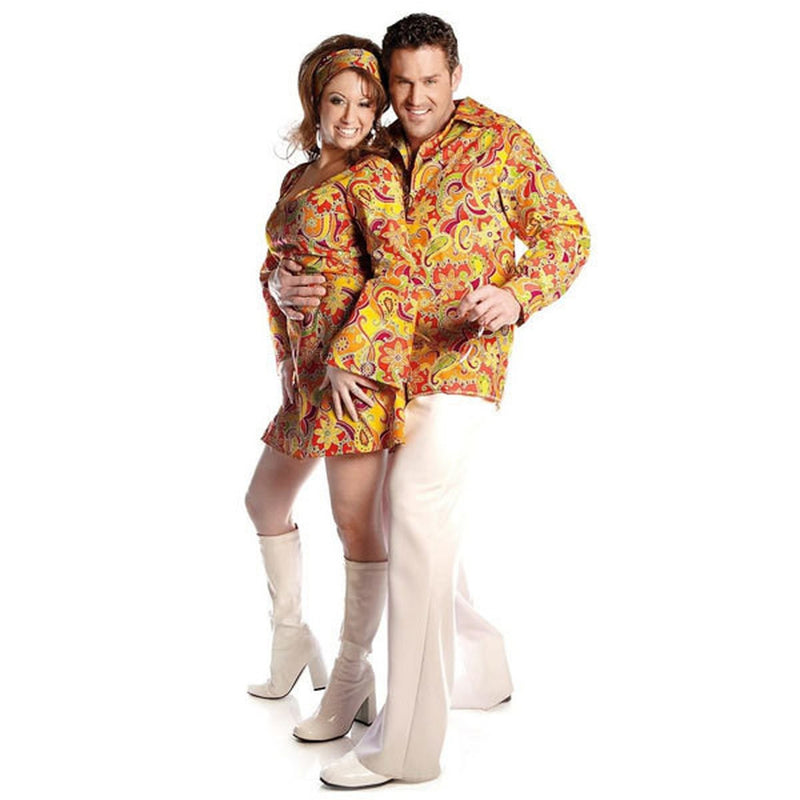 GO GO DANCER Womens Disco PAISLEY ORANGE Hippie A-Line Dress Adult Flower Child Costume-Cyberteez