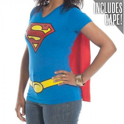 Supergirl Glitter Logo Superman Women's V-Neck Costume With Red Cape T-Shirt
